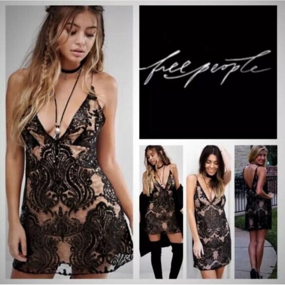 Free People Lace Mini Dress Women’s 8 Brown Night Shimmers Sequin Sexy Edgy Punk - Picture 1 of 12